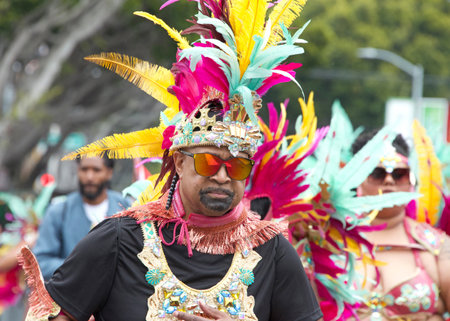 San Francisco, CA - May 28, 2023: Unidentified participants in the 45th annual Carnaval Grand Parade...