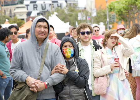 San Francisco, CA - June 24, 2023: Participants celebrate at the San Francisco Gay Pride Parade Festival at Civic Center. This years theme, Looking Back, Moving Forward.のeditorial素材