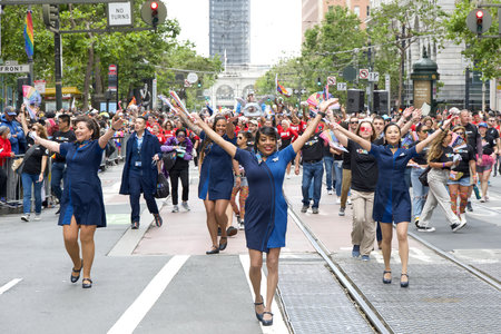 San Francisco, CA - June 24, 2023: Participants celebrate at the SF Gay Pride Parade up Market  St to Civic Center. Theme, Looking Back, Moving Forward.のeditorial素材