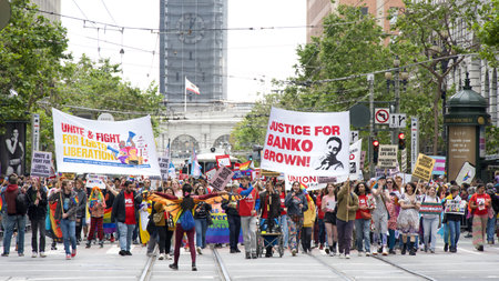 San Francisco, CA - June 24, 2023: Participants celebrate at the SF Gay Pride Parade up Market  St...