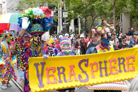 San Francisco, CA - June 24, 2023: Participants celebrate at the SF Gay Pride Parade up Market  St...