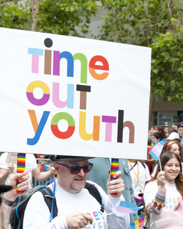 San Francisco, CA - June 24, 2023: Participants celebrate at the SF Gay Pride Parade up Market  St to Civic Center. Theme, Looking Back, Moving Forward.のeditorial素材