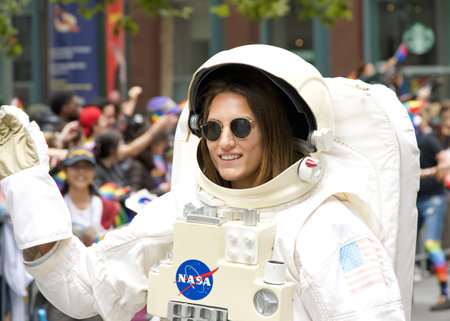 San Francisco, CA - June 24, 2023: Participants celebrate at the SF Gay Pride Parade up Market  St to Civic Center. Theme, Looking Back, Moving Forward.のeditorial素材