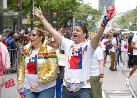 San Francisco, CA - June 24, 2023: Participants celebrate at the SF Gay Pride Parade up Market  St to Civic Center. Theme, Looking Back, Moving Forward.のeditorial素材
