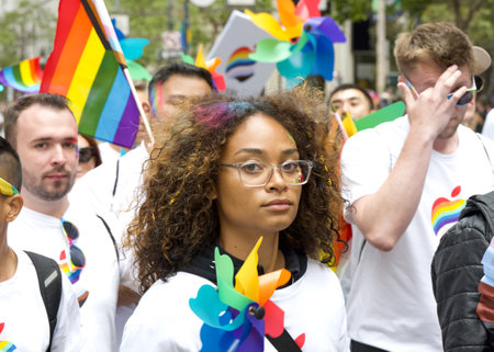 San Francisco, CA - June 24, 2023: Participants celebrate at the SF Gay Pride Parade up Market  St...