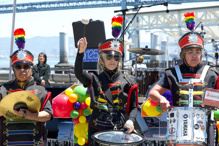 San Francisco, CA - July 13, 2023: Members of the San Francisco Lesbian Gay Freedom Band, the...