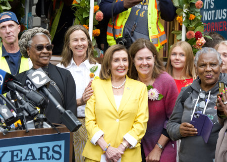 San Francisco, CA - Aug 2, 2023: Representative Nancy Pelosi, former speaker of the house, at the 150th celebration of the First Cable Car Ride in the city.のeditorial素材