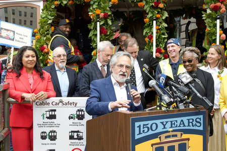 San Francisco, CA - Aug 2, 2023: Supervisor Aaron Peskin speaking at the 150th celebration of the First Cable Car Ride in the city.のeditorial素材