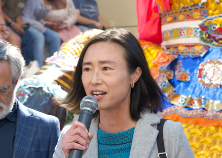 San Francisco, CA - Aug 26, 2023: Close up of Supervisor Connie Chan speaking at the inaugural Hungry Ghost King Festival Parade Kick off at Rose Pak station in China Town.のeditorial素材