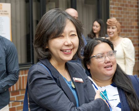 San Jose, CA - Sept 2, 2023: Participants at the South Bay Labor Councilâs Labor Day BBQ event. Fremont Union High School Board of Trustees Rosa Kim speaking with attendees.のeditorial素材