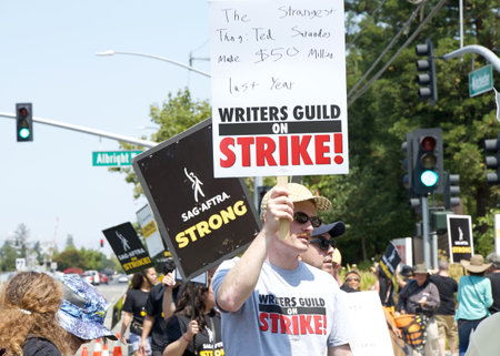 Los Gatos, CA - Aug 22, 2023: Northern California local members of SAG-AFTRA strike in solidarity with the Writers Guild of America in front of the Netflix building on Winchester Blvd.のeditorial素材