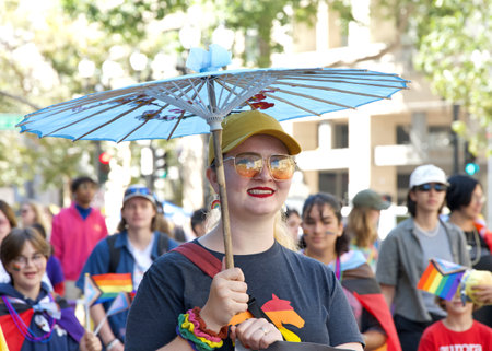 Oakland, CA - Sept 10, 2023: Participants at the Oakland Gay Pride Parade on Broadway, downtown...