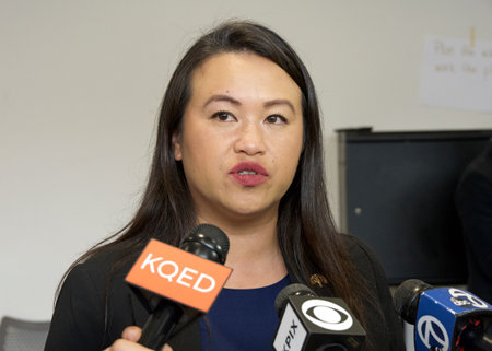 Oakland, CA - Sept 23, 2023: Mayor Sheng Thao speaking at the Talking Transitions Community Event at Castlemont High School.のeditorial素材