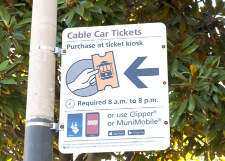 San Francisco, CA - Oct 8, 2023: Cable Car Ticket sign. San Franciscoâs cable cars are symbolic of the charm and distinct flavor of the city.のeditorial素材