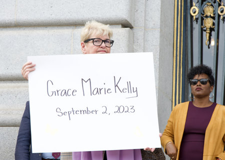 San Francisco, CA - Oct 16, 2023: Participants holding signs of recently murdered women at a...