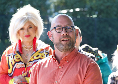 San Francisco, CA - Oct 23, 2023: Superisor Rafael Mandelman speaking at Senator Scott Wiener's Halloween Pumpkin Carving Event at Noe Courts Park.のeditorial素材
