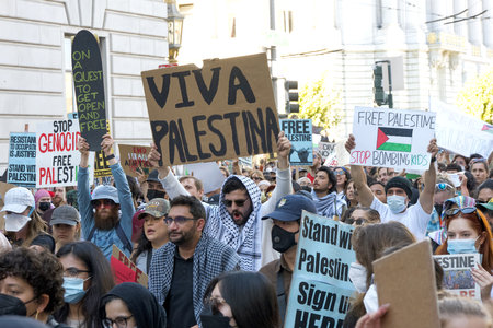 San Francisco, CA - Nov 4, 2023: Thousands of people protesting the war in Palestine. Rally at Civic...