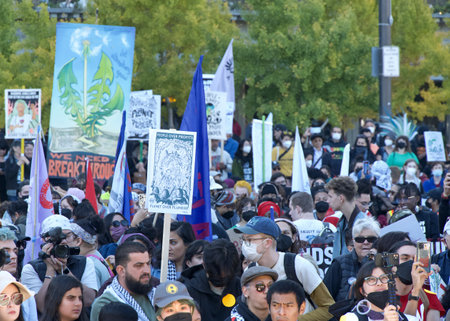 San Francisco, CA - Nov 12, 2023: Participants protesting APEC meeting in the city, joined by...