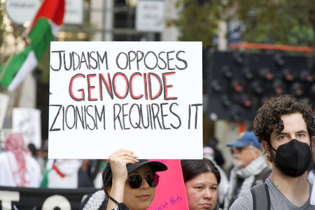 San Francisco, CA - Nov 12, 2023: Participants protesting APEC meeting in the city, joined by...