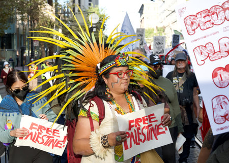 San Francisco, CA - Nov 12, 2023: Participants protesting APEC meeting in the city, joined by...