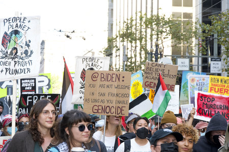 San Francisco, CA - Nov 12, 2023: Participants protesting APEC meeting in the city, joined by...
