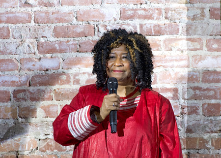 Oakland, CA - Nov 16, 2023: Alameda County DA Pamela Price speaking at a Public Safety Campaign launch event to protect the win, decline to sign the recall petition.のeditorial素材