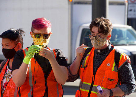 San Francisco, CA - Oct 17, 2020: Unidentified participants preparing for the Women's March....