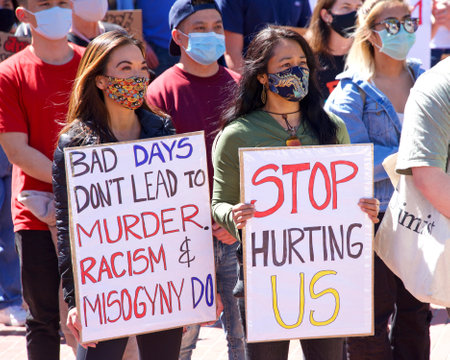 San Francisco, CA - Mar 26, 2021: Unidentified participants at a youth lead anti-Asian Violence...