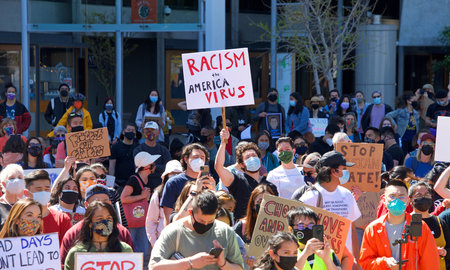 San Francisco, CA - Mar 26, 2021: Unidentified participants at a youth lead anti-Asian Violence...