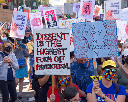 San Francisco, CA - Oct 02, 2021: Unidentified participants in the Women's March for Reproductive...