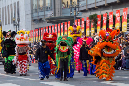 San Francisco, CA - Feb 19, 2022: Unidentified participants in the Chinese New Year Parade, one of the world's top 10 parades and the largest celebration of its kind outside Asiaのeditorial素材