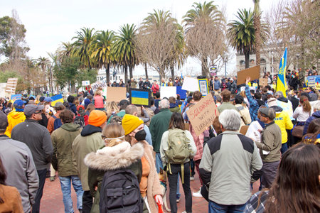 San Francisco, CA - Feb 26, 2022:  Unidentified participants at United We Stand For Ukraine Protest holding signs. Advocating for solidarity with the people of Ukraine against Russian aggression.のeditorial素材