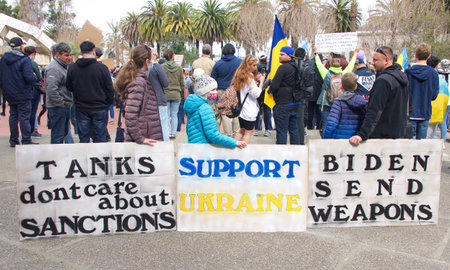 San Francisco, CA - Feb 26, 2022:  Unidentified participants at United We Stand For Ukraine Protest...