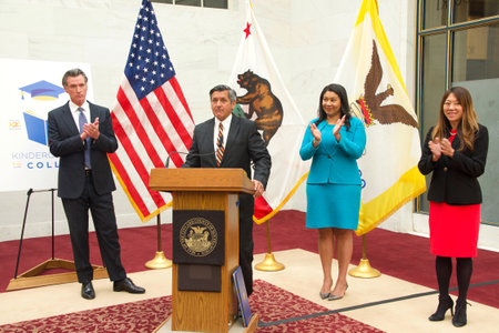 San Francisco, CA - April 26, 2022: Treasurer Jose Cisneros speaking at the Kindergarten to College program Progress update Press Conference in San Franciscoのeditorial素材