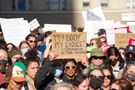 San Francisco, CA - May 3, 2022: Participants at Womenâ€™s Rights Protest after SCOTUS leak,...