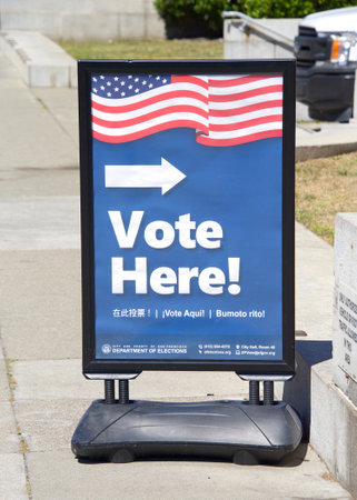 San Francisco, CA - May 13, 2022: VOTE HERE sign in front of City Hall in San Francisco, CA