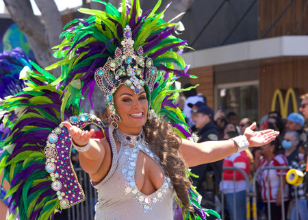 San Francisco, CA - May 29, 2022: Unidentified participants in the 44th annual Carnaval Grand parade...