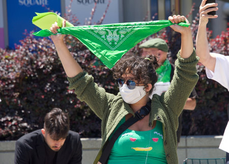 San Francisco, CA - July 17, 2022: Unidentified participants in Abortion Rights Protest Rally at Union Square, speaker promoting action for Abortion Rights.のeditorial素材