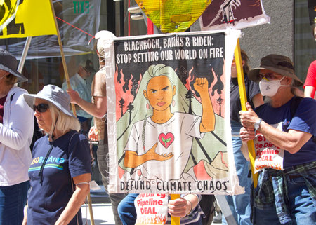 San Francisco, CA - Sept 1, 2022: Unidentified protestors holding signs, protesting the dirty...