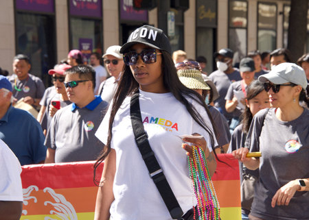 Oakland, CA - Sept 4, 2022:  Unidentified participants celebrate at the Oakland Gay Pride Parade on Broadway, downtown Oakland. Back to in person celebrations post covid pandemic restrictions.のeditorial素材