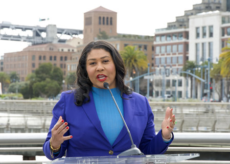 San Francisco, CA - Jan 26, 2024: Mayor London Breed speaking about the waterfront flood study and flood measures to address sea level rise along the cityâs waterfront.のeditorial素材