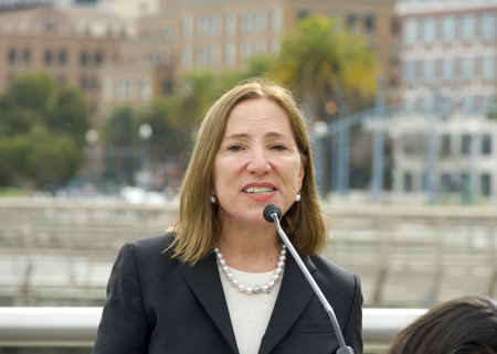 San Francisco, CA - Jan 26, 2024: Lieutenant Governor Eleni Kounalakis speaking about the waterfront flood study and flood measures to address sea level rise along the cityâs waterfront.のeditorial素材