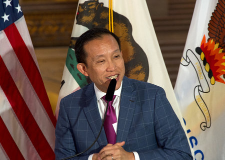 San Francisco, CA - Jan 31, 2024: City Attorney David Chu, speaking at a Press Conf for the first anniversary of Bay Area Abortion Rights Coalition, BAARC.のeditorial素材