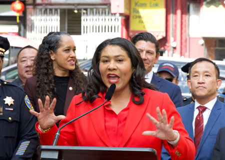 San Francisco, CA - Feb 6, 2024: Mayor London Breed providing updates on efforts around public safety, street cleaning and small business support in Chinatown for Lunar New Yearのeditorial素材