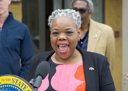 Oakland, CA - Feb 16, 2024:  Dr Mayfield, Deputy Mayor of Oakland, speaking at a Press Conf about the Home Key Housing Program.のeditorial素材