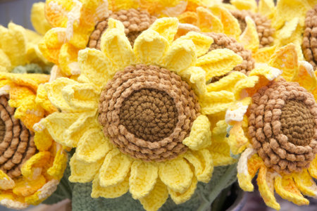 Close up on bouquet of beautiful crochet sunflowers. Hand crafted.の写真素材