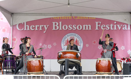 San Francisco, CA - April 13, 2024: Musicians performing at the Cherry Blossom Festival in Japantown. One of the 10 best Cherry Blossom Festivals in the world.のeditorial素材