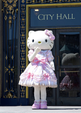 San Francisco, CA - April 21, 2024: Cherry Blossom  Parade Grand Marshal Hello Kitty posing for photos in front of City Hall.のeditorial素材