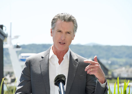 Larkspur, CA - April 16, 2024: Governor Gavin Newsom speaking at a Press Event announcing a climate partnership between CA and Norway, a commitment to international climate collaborationのeditorial素材