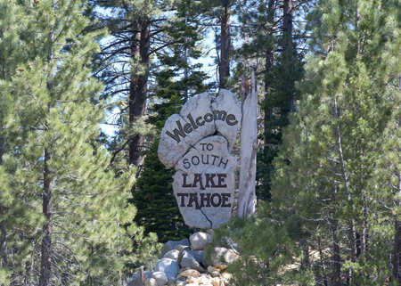 South Lake Tahoe, CA - June 16, 2024: Close up on Welcome to South Lake Tahoe sign on the El Dorado Freeway.のeditorial素材